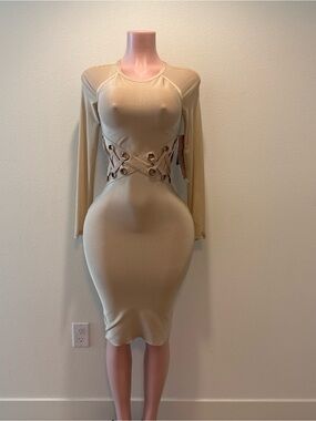 Long Sleeve Beige Corset Detail Bodycon Dress